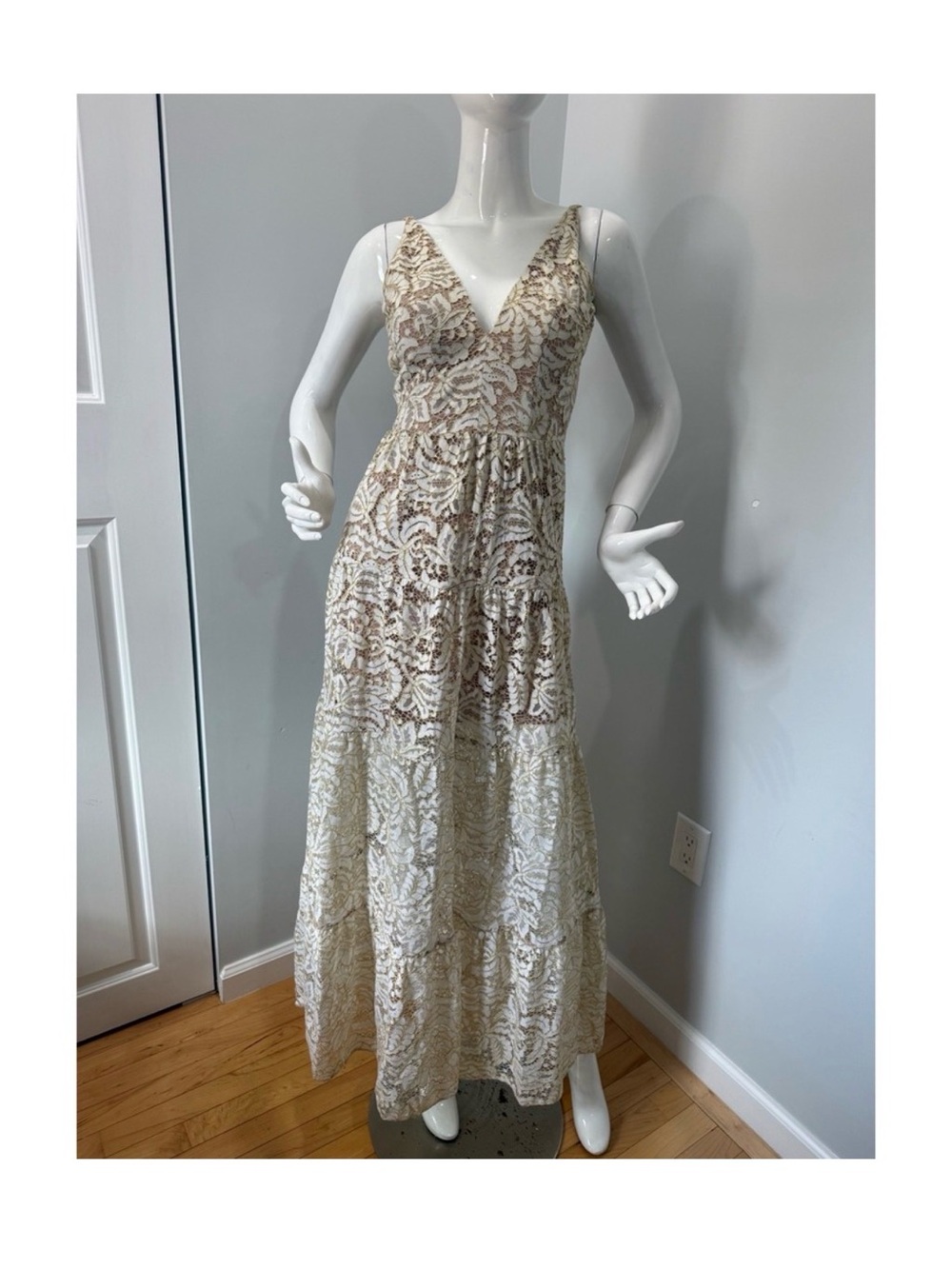 Dress the Population Melina Ivory Gold Floral Lace Maxi Gown XS